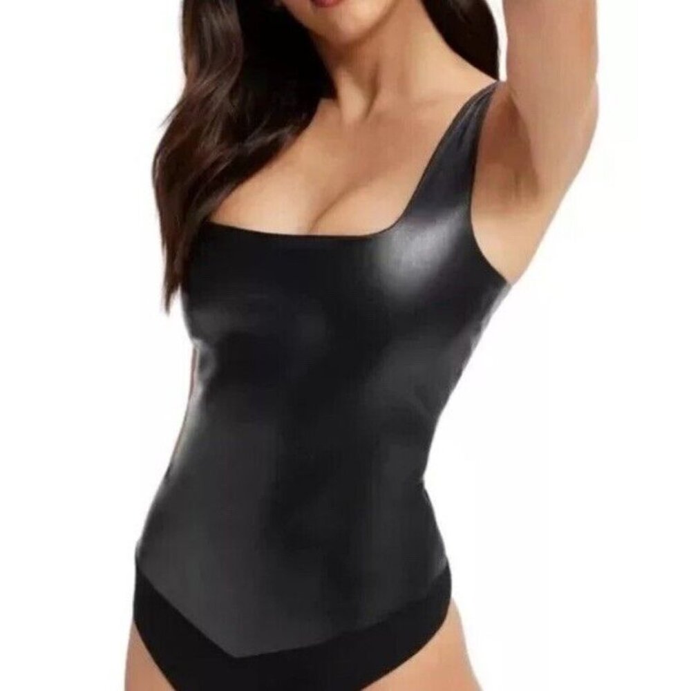 Good American Sz 3 / L Black Faux Leather Modern Tank Thong Bodysuit New (NWOT)